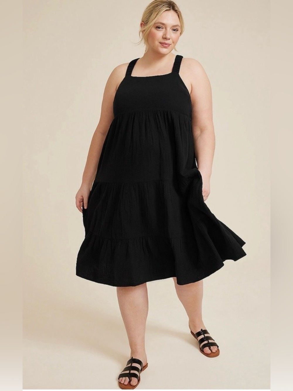 NWT Maurice’s Sz 2X Black Tiered Cotton Ruffle Midi Criss-Cross Stretch Straps